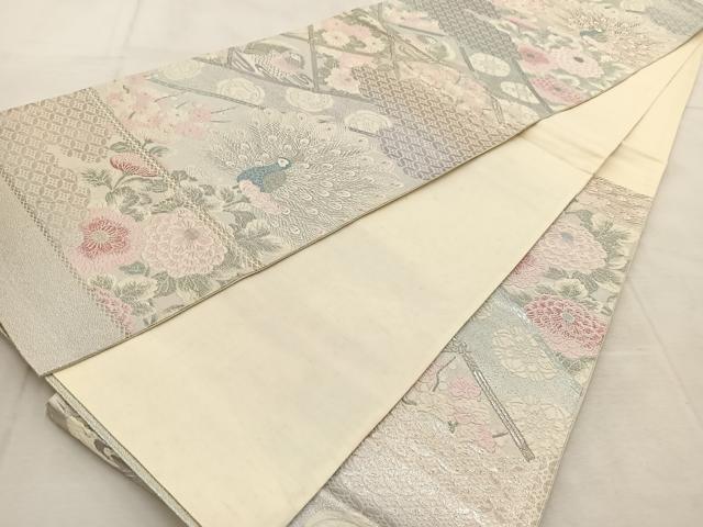 平和屋着物◎六通柄袋帯 唐織 花鳥遊生文 銀糸 正絹 逸品 BAAU8814yc