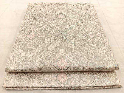平和屋着物◎六通柄袋帯　菱天井花文　銀糸　正絹　逸品　BAAU8852yc