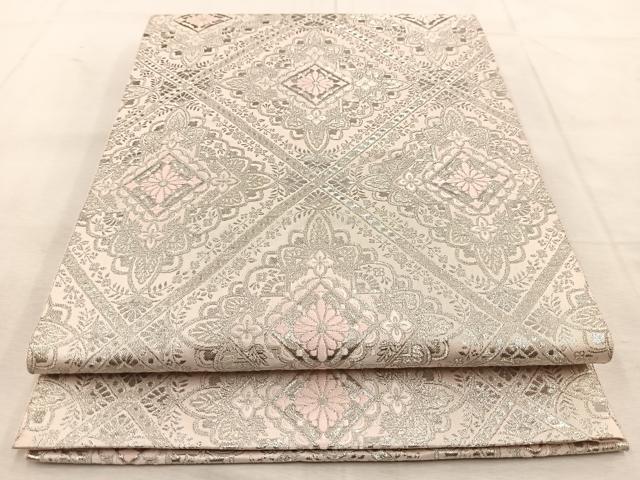 平和屋着物◎六通柄袋帯　菱天井花文　銀糸　正絹　逸品　BAAU8852yc