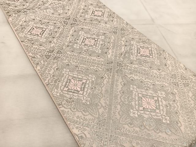 平和屋着物◎六通柄袋帯　菱天井花文　銀糸　正絹　逸品　BAAU8852yc