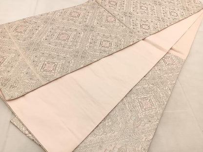 平和屋着物◎六通柄袋帯　菱天井花文　銀糸　正絹　逸品　BAAU8852yc
