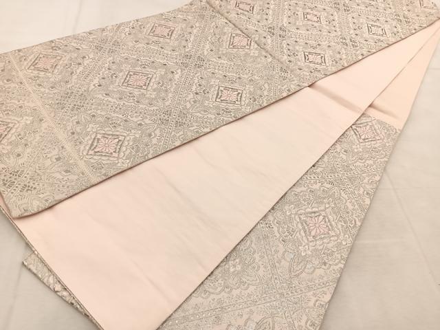 平和屋着物◎六通柄袋帯　菱天井花文　銀糸　正絹　逸品　BAAU8852yc