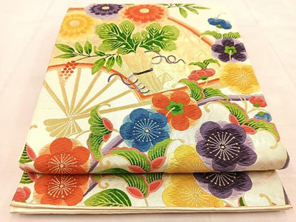 平和屋着物◎六通柄袋帯　唐織　扇面花文　金銀糸　正絹　逸品　BAAU8888yc