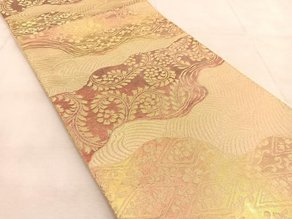 平和屋着物◎六通柄袋帯　道長立波花文　金糸　正絹　逸品　BAAU8921yc
