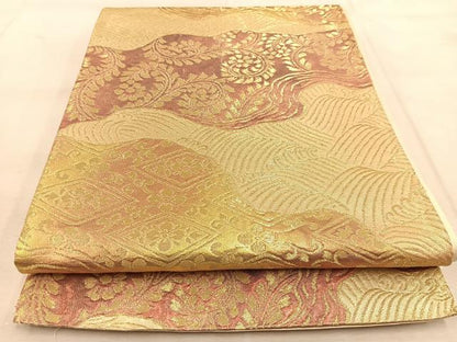 平和屋着物◎六通柄袋帯　道長立波花文　金糸　正絹　逸品　BAAU8921yc