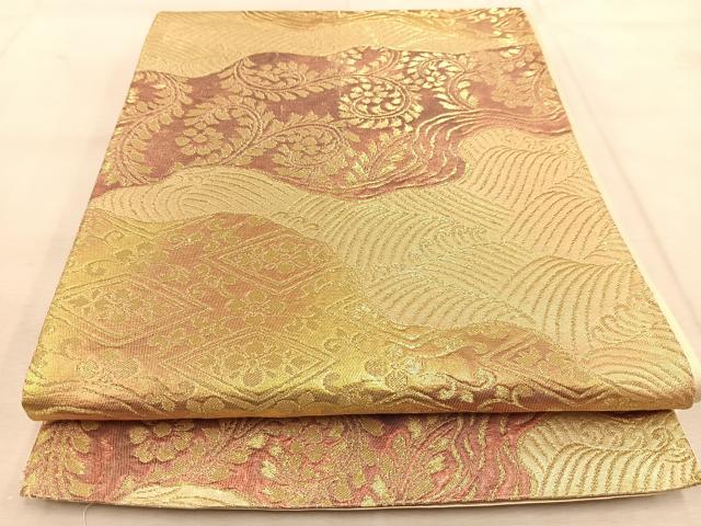 平和屋着物◎六通柄袋帯　道長立波花文　金糸　正絹　逸品　BAAU8921yc