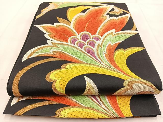 平和屋着物◎六通柄袋帯　唐織　更紗花唐草文　黒地　金銀糸　正絹　逸品　BAAU8927yc