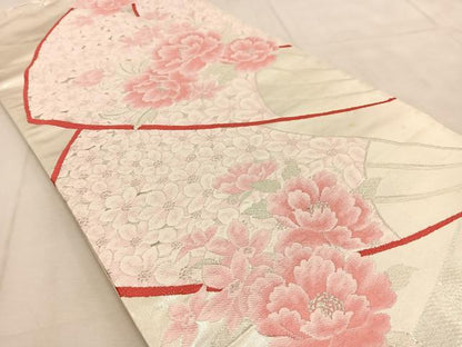 平和屋着物◎六通柄袋帯　唐織　扇花文　銀糸　引箔　正絹　逸品　BAAU8973yc