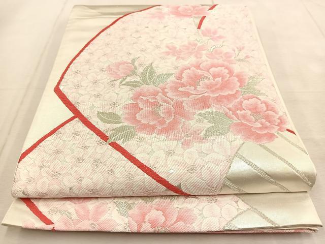 平和屋着物◎六通柄袋帯　唐織　扇花文　銀糸　引箔　正絹　逸品　BAAU8973yc