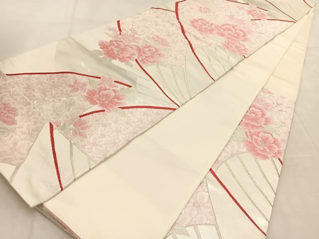 平和屋着物◎六通柄袋帯　唐織　扇花文　銀糸　引箔　正絹　逸品　BAAU8973yc