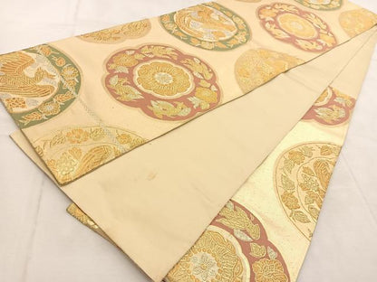 平和屋着物◎六通柄袋帯　鳳凰花絵皿文　金銀糸　正絹　逸品　BAAU9000yc