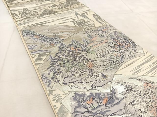 平和屋着物◎六通柄袋帯　地紙人物風景文　銀糸　正絹　逸品　BAAU9033yc