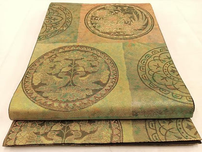 平和屋着物◎六通柄袋帯 花鳥丸文 金糸 引箔 正絹 逸品 BAAU9036yc
