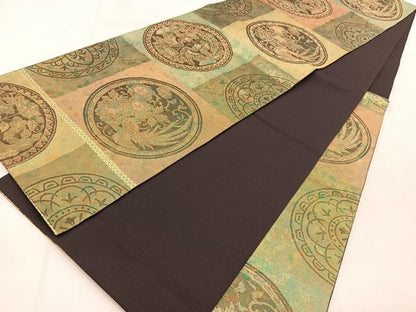 平和屋着物◎六通柄袋帯 花鳥丸文 金糸 引箔 正絹 逸品 BAAU9036yc