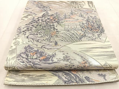 平和屋着物◎六通柄袋帯　地紙人物風景文　銀糸　正絹　逸品　BAAU9033yc