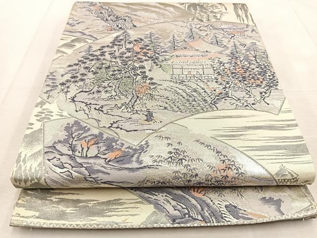 平和屋着物◎六通柄袋帯　地紙人物風景文　銀糸　正絹　逸品　BAAU9033yc