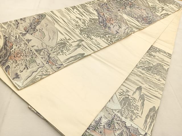 平和屋着物◎六通柄袋帯　地紙人物風景文　銀糸　正絹　逸品　BAAU9033yc