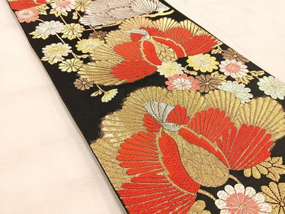 平和屋着物◎六通柄袋帯　孔雀花文　黒地　金銀糸　正絹　逸品　BAAU9072yc