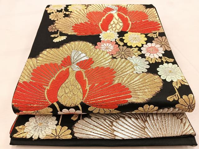 平和屋着物◎六通柄袋帯　孔雀花文　黒地　金銀糸　正絹　逸品　BAAU9072yc
