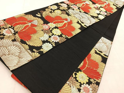 平和屋着物◎六通柄袋帯　孔雀花文　黒地　金銀糸　正絹　逸品　BAAU9072yc