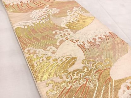 平和屋着物◎六通柄袋帯　唐織　立波文　金糸　正絹　逸品　BAAU9092yc