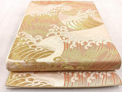 平和屋着物◎六通柄袋帯　唐織　立波文　金糸　正絹　逸品　BAAU9092yc