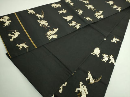 平和屋本店■極上　西陣　河合美術織物謹製　太鼓柄袋帯　鳥獣戯画　黒地　金糸　逸品　DZAB0079kh5