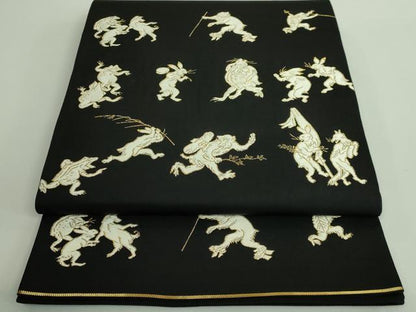 平和屋本店■極上　西陣　河合美術織物謹製　太鼓柄袋帯　鳥獣戯画　黒地　金糸　逸品　DZAB0079kh5