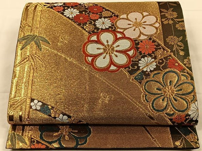 平和屋着物◎六通柄袋帯　唐織　笹竹花唐草間道　金糸　正絹　逸品　CAAX2971id
