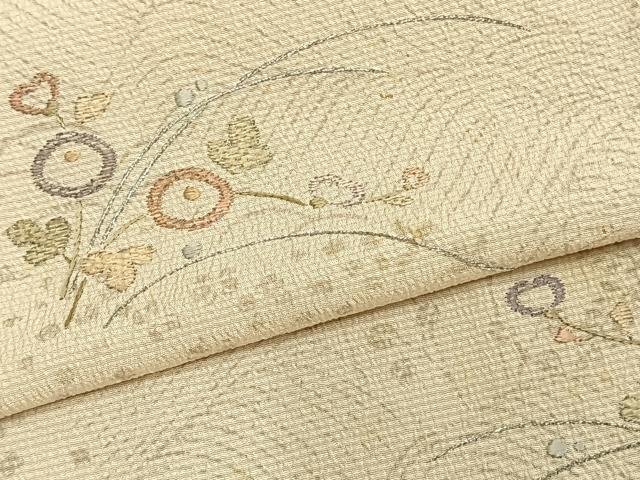 平和屋着物▽訪問着　単衣　お召地　刺繍　草花文　銀糸　正絹　逸品　AABA7685fy