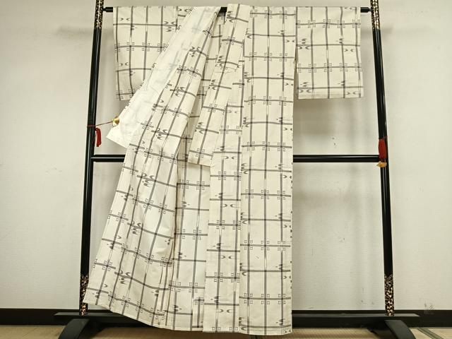 平和屋着物▽上質な紬 単衣 格子 正絹 逸品 AABA7701fy