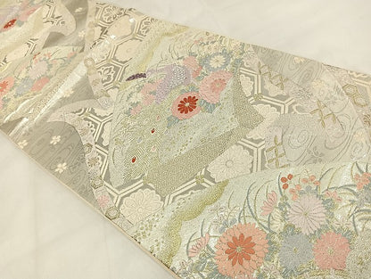 平和屋着物◎六通柄袋帯 唐織 花扇孔雀文 金銀糸 正絹 逸品 AABB0681uw