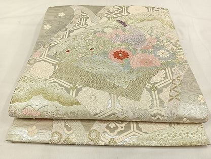 平和屋着物◎六通柄袋帯 唐織 花扇孔雀文 金銀糸 正絹 逸品 AABB0681uw