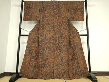 平和屋着物▽上質な小紋 単衣 更紗花鳥文 鬼しぼ縮緬 正絹 逸品 未使用 DAAV5941az