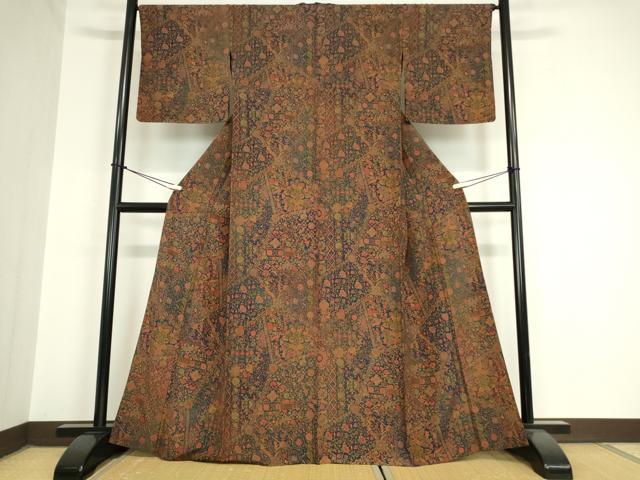 平和屋着物▽上質な小紋 単衣 更紗花鳥文 鬼しぼ縮緬 正絹 逸品 未使用 DAAV5941az