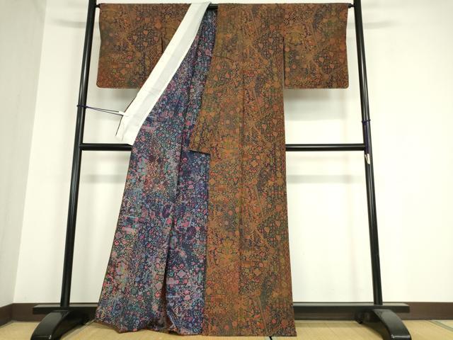 平和屋着物▽上質な小紋 単衣 更紗花鳥文 鬼しぼ縮緬 正絹 逸品 未使用 DAAV5941az