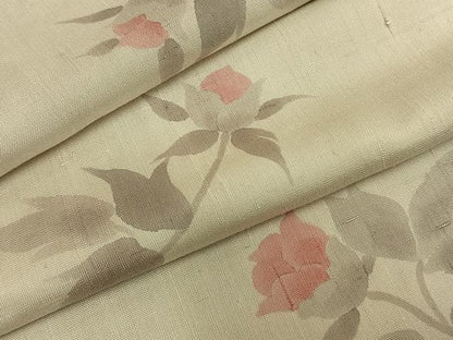 平和屋着物▽上質な紬　単衣　草花文　正絹　逸品　AABA7712fy