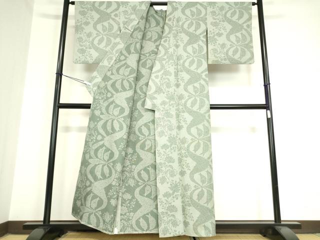 平和屋着物▽上質なお召 単衣 更紗花文 正絹 逸品 DAAV5985az