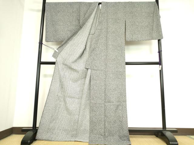平和屋着物▽小紋　単衣　鹿の子文　黒地　ロング丈　洗える着物　DAAX3013az