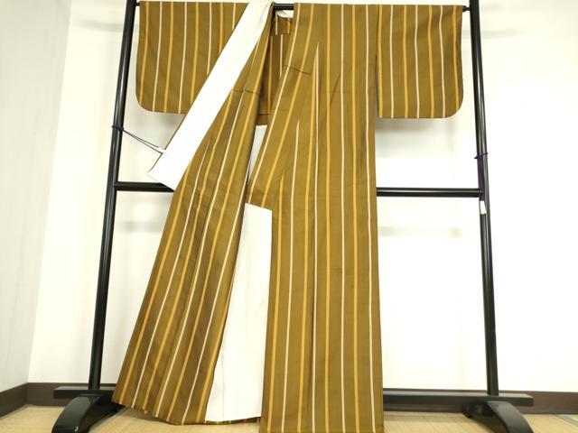 平和屋着物▽黄八丈　紬　単衣　綾織　縞　正絹　逸品　DAAX3028az