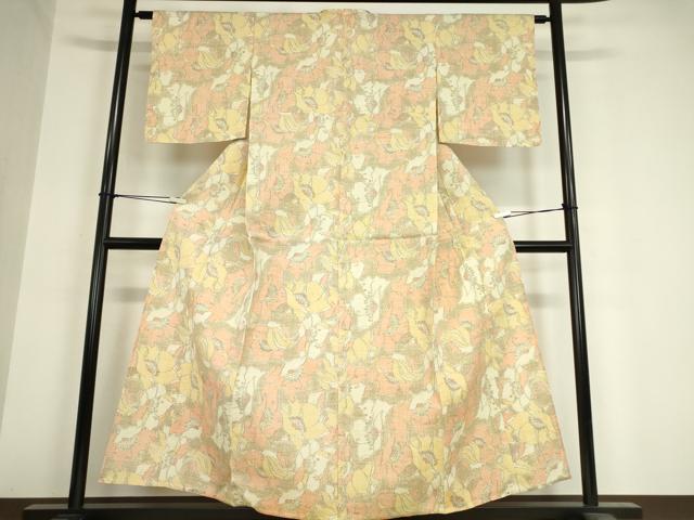 平和屋着物▽上質な紬 単衣 花尽くし 正絹 逸品 DAAX3043az