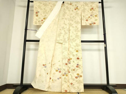 平和屋着物▽訪問着 単衣 駒刺繍 草花文 金彩 伊と幸 反端付き 正絹 逸品 未使用 DAAX3094az