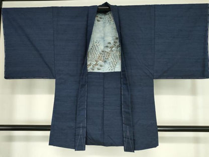平和屋着物▽男性 紬 単衣 アンサンブル 留紺色 正絹 逸品 DAAX3096az