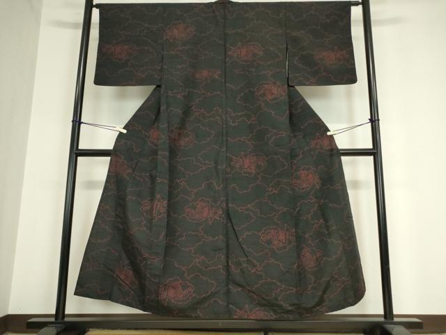 平和屋着物▽上質な紬　単衣　雲重ね御所車文　黒色　正絹　逸品　DAAX3125az