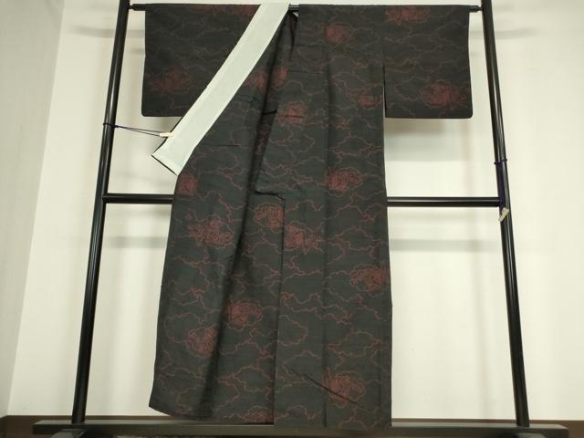 平和屋着物▽上質な紬　単衣　雲重ね御所車文　黒色　正絹　逸品　DAAX3125az