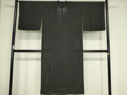 平和屋着物▽道行コート スリーシーズン 春夏秋 塵除け 縞 黒色 ロング丈 正絹 逸品 未使用 DAAX3133az