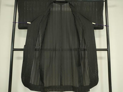 平和屋着物▽道行コート スリーシーズン 春夏秋 塵除け 縞 黒色 ロング丈 正絹 逸品 未使用 DAAX3133az