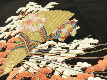 平和屋着物■豪華黒留袖　駒刺繍　扇面松花文　金銀糸　正絹　逸品　AABB1702mf