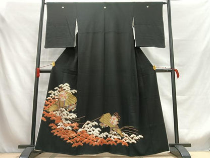 平和屋着物■豪華黒留袖　駒刺繍　扇面松花文　金銀糸　正絹　逸品　AABB1702mf