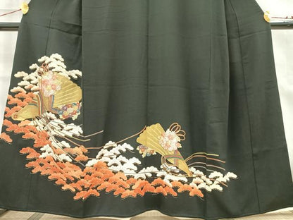 平和屋着物■豪華黒留袖　駒刺繍　扇面松花文　金銀糸　正絹　逸品　AABB1702mf